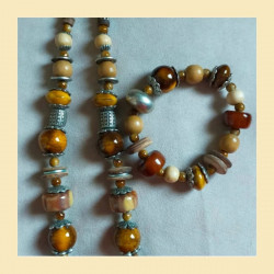 Parure vintage bois & céramique – Collier + bracelet bohème