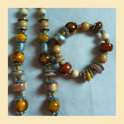 Parure vintage bois & céramique – Collier + bracelet bohème