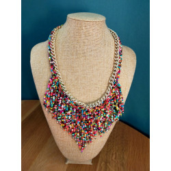 Collier plastron upcycling perles multicolores & chaîne dorée | Pièce unique bohème chic